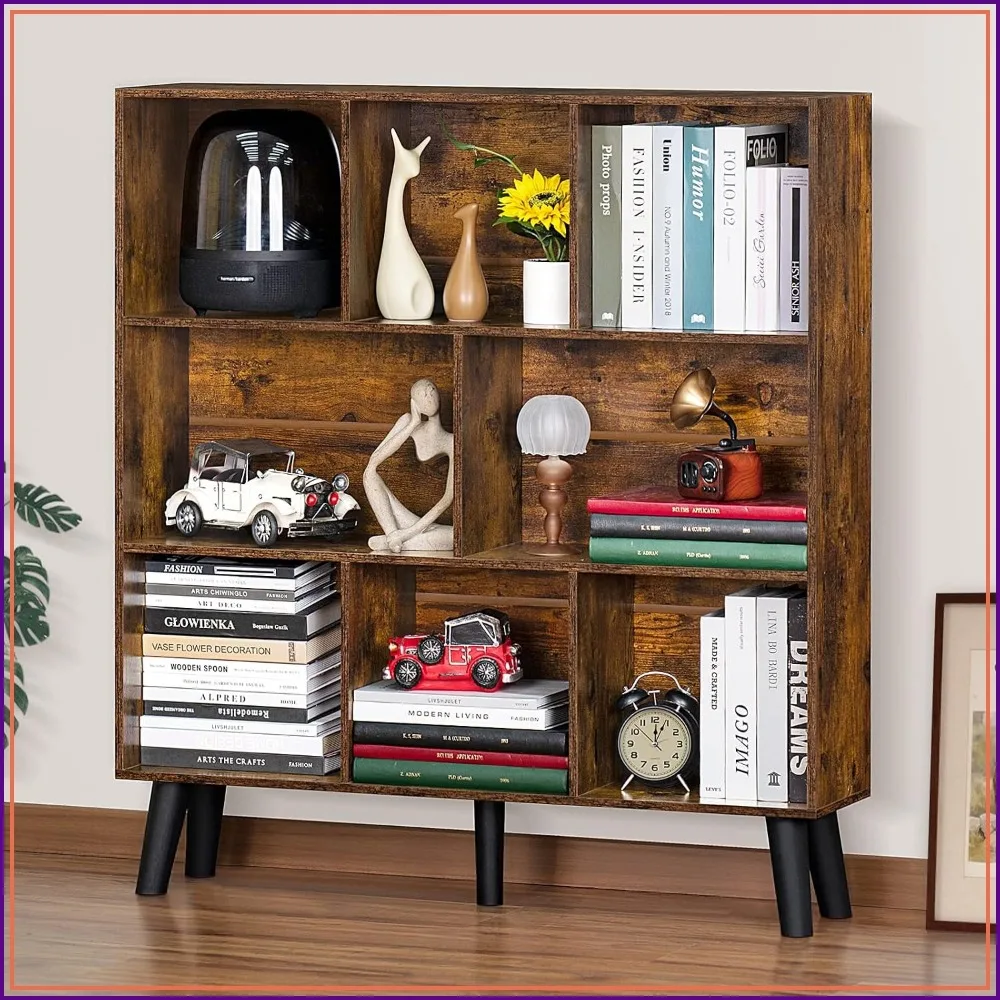 8 Cube Bookshelf Mid-Century Modern Book Shelf with Legs Brown