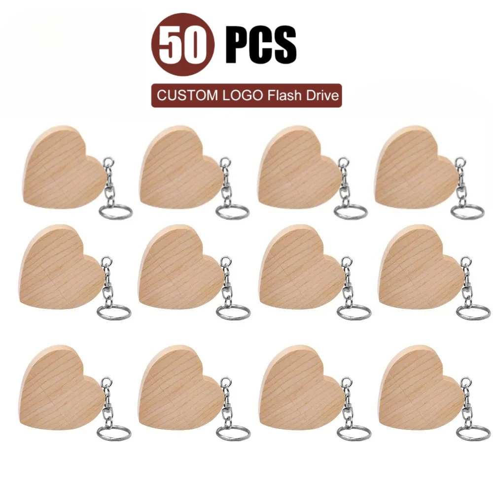 

50PCS/LOT Wooden Heart USB 2.0 Flash Drives 128GB Free custom logo key chain Pen drive 64GB 32GB Business gift USB stick