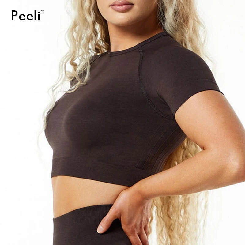 Short Sleeve Gym Crop Top Women Seamless Yoga Top Amplify Workout Crop Top Sports Shirts Fitness Slim Fit Running T-Shirts Femme