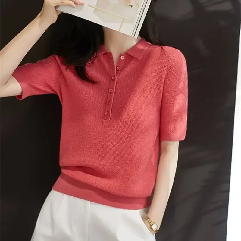 Yellow Polo Neck Shirt Button Knit Pink Women\'s T Shirts Plain Top Clothes Short Sleeve Tee New Synthetic Aesthetic Summer 2025