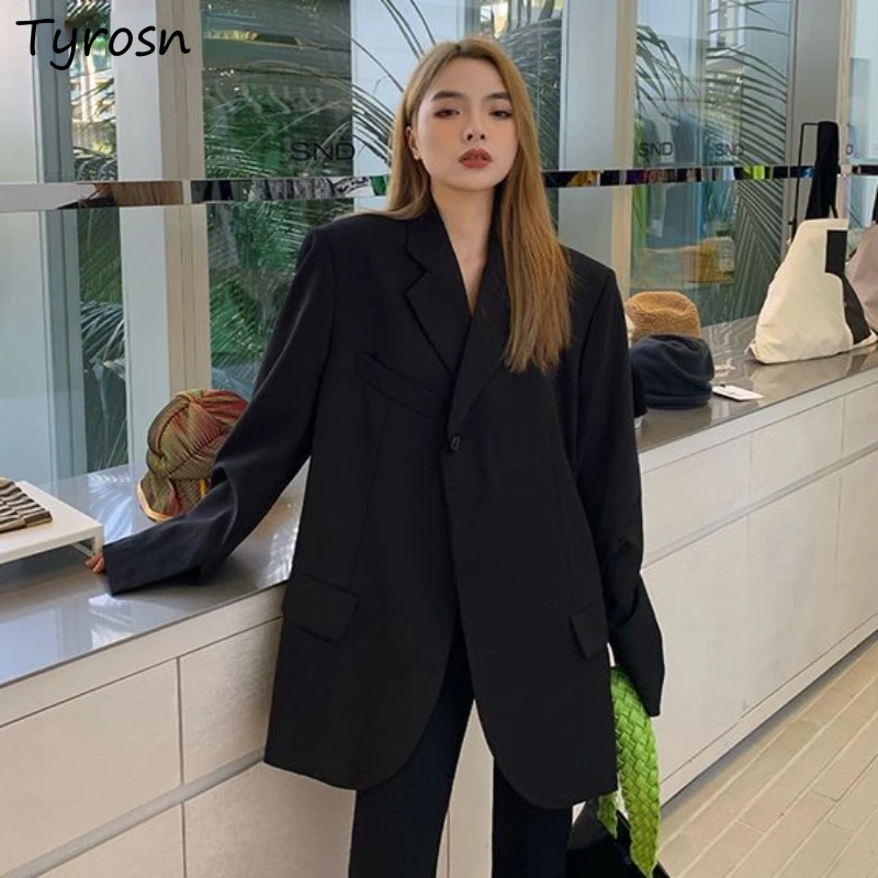 

Blazers Women Single Button Baggy Boyfriend Unisex Office Lady Long Coats Autumn Basic British Style Leisure Temperament Fashion