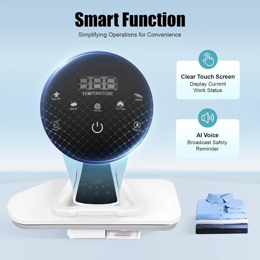 Duży prasa parowa z ekranem dotykowym LED i kompaktową konstrukcją o mocy 1600 W do użytku domowego i biznesowego. Cyfrowa prasa parowa z 5 funkcjami.