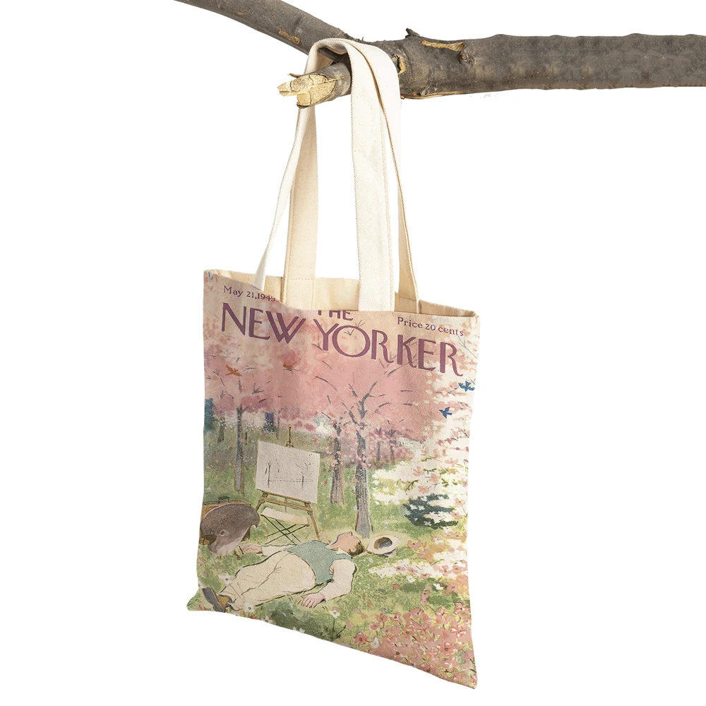 Nordic The New Yorker City Magazine Women Shopping Bags Double Print Casual Shopper Bag Lady Canvas Tote Leaf Travel Handbag
