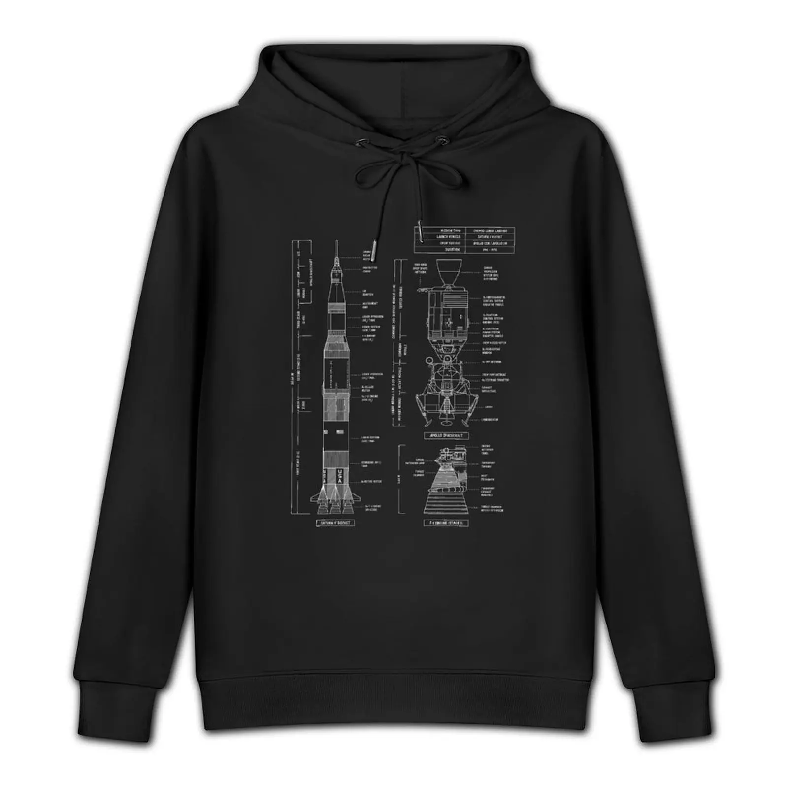 Saturn V / Apollo Crewed Lunar Expedition (White Stencil - No Background. Vertical) Pullover Hoodie