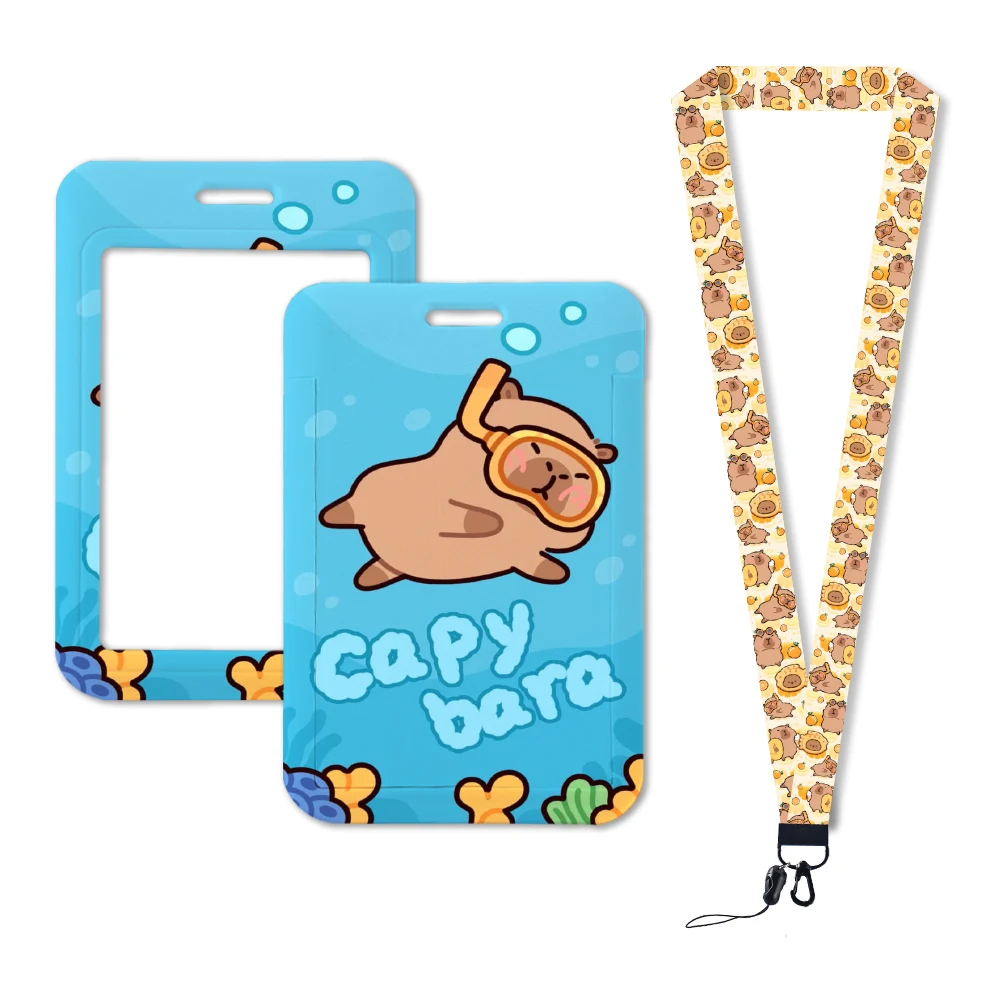 Cartoon Lanyards Capybara Swimming Cute Badge Holder ID Credit Card Pass Hang Rope Lanyard for Keys Accessories Gifts