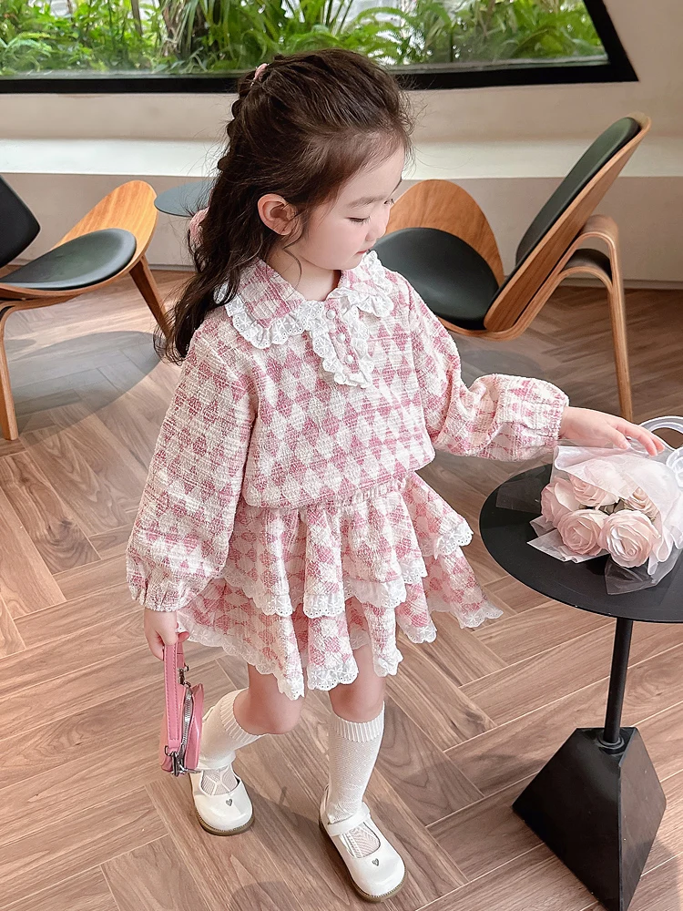 

Korean Spring Children Girls 2pcs Clothing Set Cotton Diamond Check Design Pullover Sweet Cake Skirt Toddler Kids Suits TR17