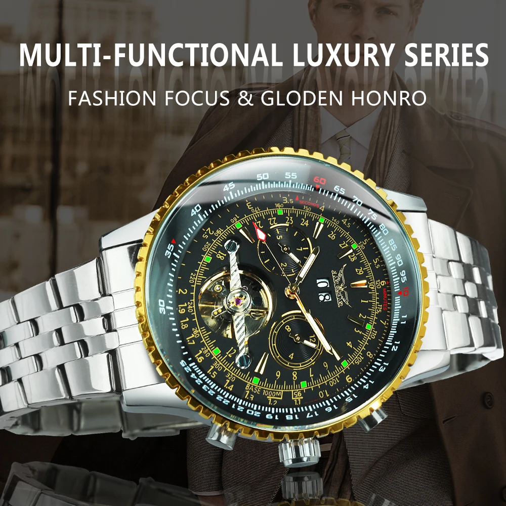 JARAGAR Fashion Tourbillon Mechanical Watches Calendar Luminous Hands Steel Leather Strap Luxury Business Automatic Mens Watch