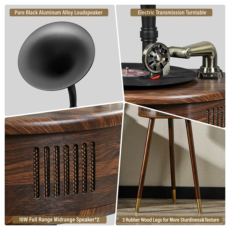 

Vintage Gramophone Retro Vinyl Record Player Bluetooth 4.2 Turntable 7/9/12inch Three Speed Adjustable Ruby Stylus FM Radio