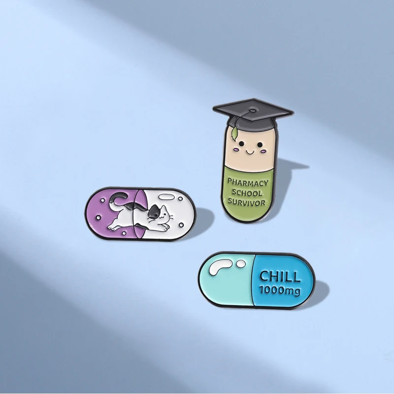 Pharmacy School Survivor Enamel Pins Custom Cat Happy Chill Pill Brooch Lapel Badges Cartoon Funny Jewelry Gift for Kids Friends