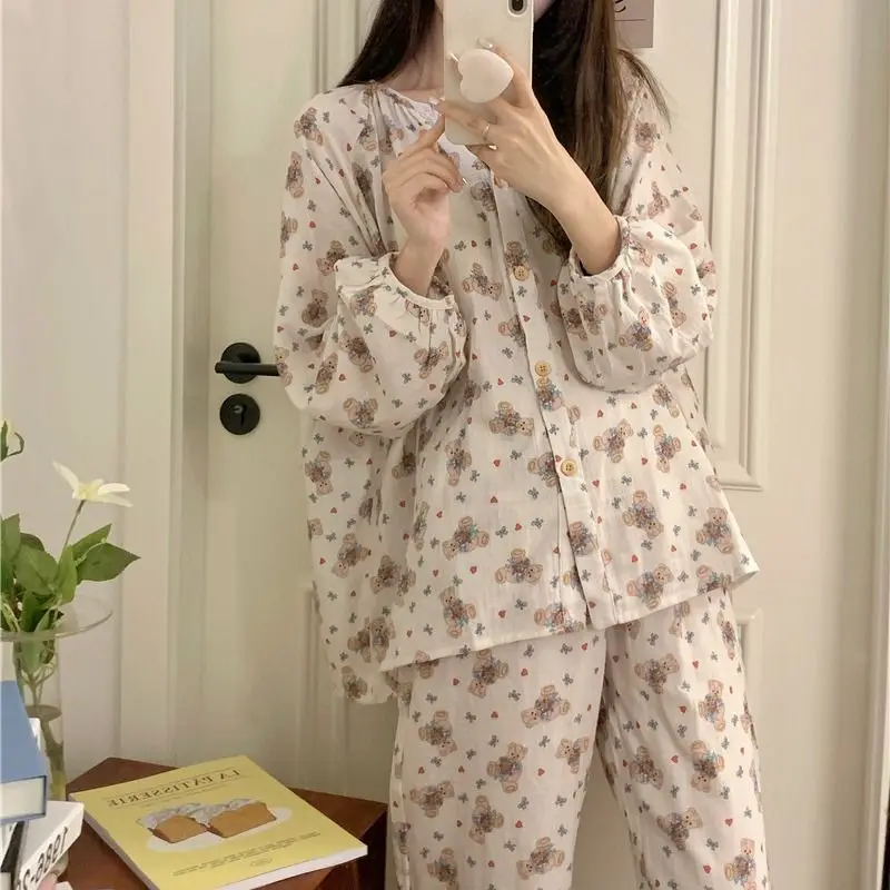 Women\'s Sweet Cute Pajamas Set Female Korean Style Home Clothing Girl Bear Foral Print Sleepwear Long Sleeve Pant Nightwear 2XL