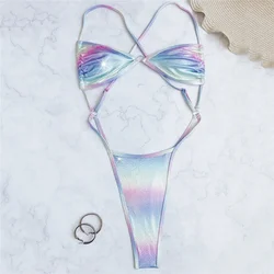 Sexy Color Shiny Bikini Swimsuit One Piece Swimwear Women String Thong Backless Monokini High Cut Bathing Swimming Suits Wear