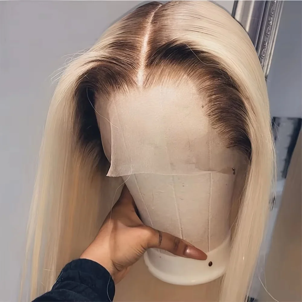 13x4 Ash Roots Warm Blonde Highlight Wigs for Women Transparent Lace Short Bob Wig Blend Human Hair Preplucked Lace Frontal Wig