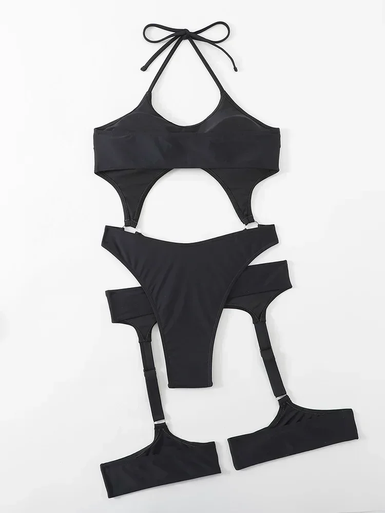 Halter Tummy Cut Out With Garter Female Monokini One Piece Swimsuit Women Swimwear High Cut Bather Bathing Suit Swim Bodysuit