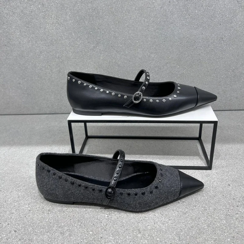 

Spring Autumn Women Pumps Split Leather Shoes for Women Pointed Toe Low Heel Shoes Fashion Rivet Shallow Buckle Strap Shoes