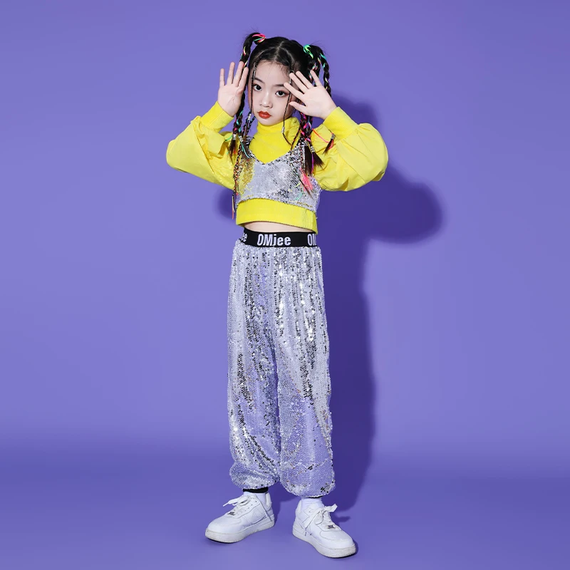 Kinder Street Dance Kostüm Modell Runway Fashion Kleid für Mädchen mit gelben Pailletten für Tanzaufführung