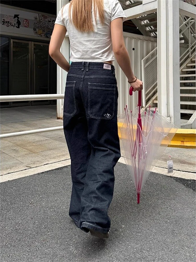 

Женские мешковатые джинсы темного цвета в уличном стиле в стиле ретро, осенние уличные брюки для девочек, женские винтажные брюки с широкими штанинами и высокой талией
