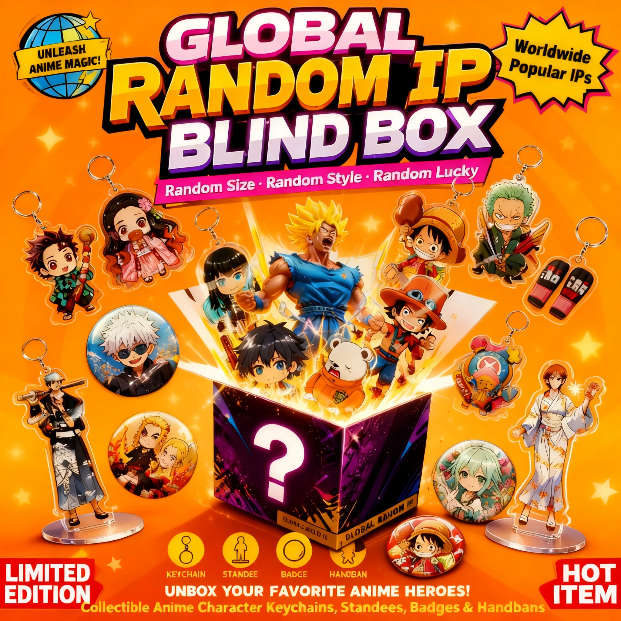 Anime Blind Box Keychain Badge Acrylic Standee One Piece Dragon Ball Handban Hot Random Global Series