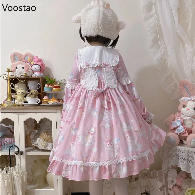 Japanse Sweet Lolita Op Dress Women Kawaii Strik Bunny Print Kanten Feestjurken Meisjes Schattige Peter Pan Kraag Jurk Met Lange Mouwen