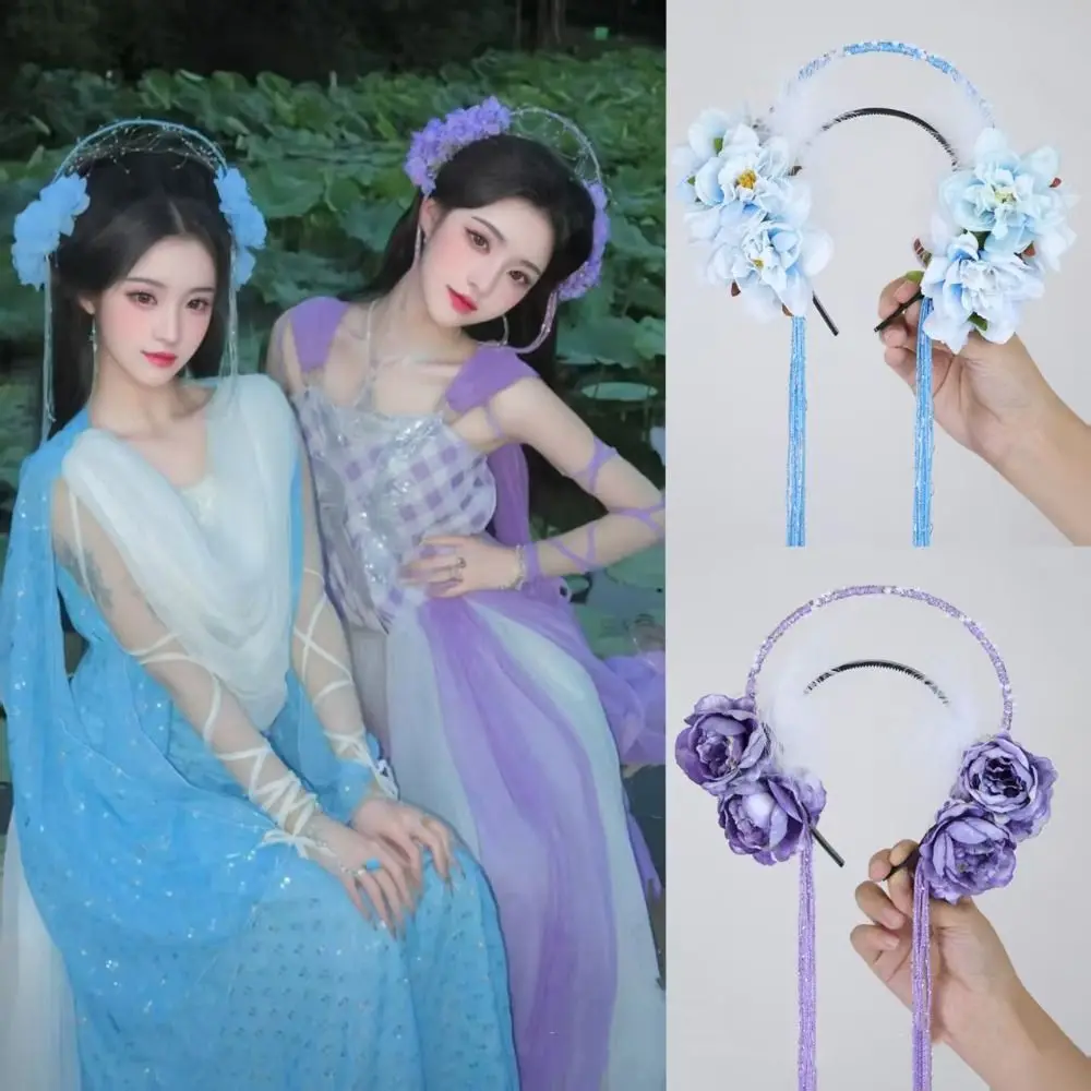 

Sweet Feather Flower Headband Bead Pearl Tassel Hair Hoop Ancient Elf Hanfu Hair Accessories Girls