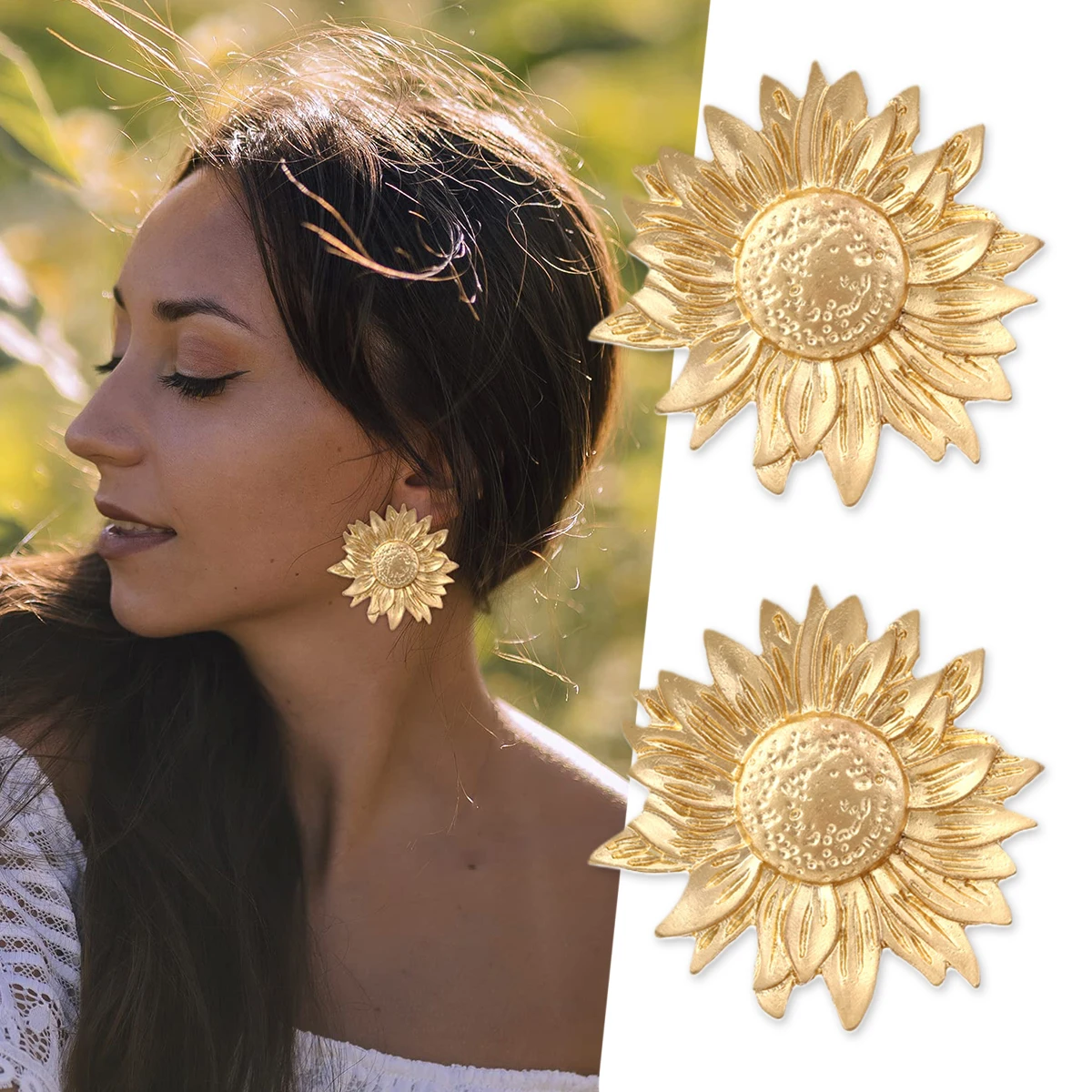 Golden Flower Earrings Retro Metal Sunflower Large Earrings Women'S Golden Earrings Bohemian Style Flower Ornaments