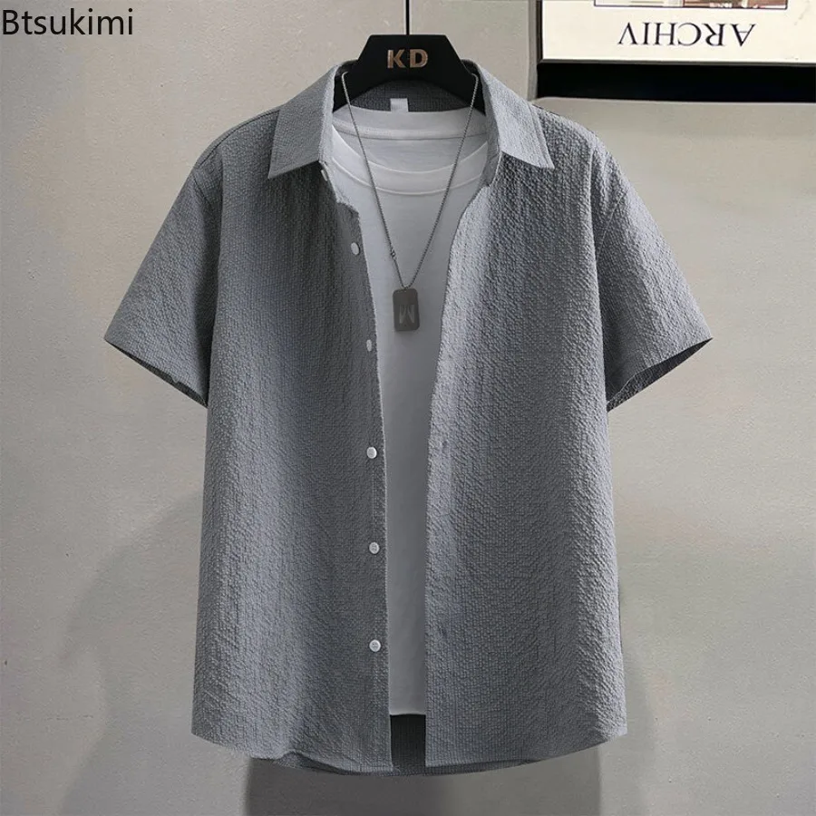 

Men's Summer Casual Short-sleeved Shirts Casual Street Wear Ice Silk Collar Single Buckle Down Solid Color Vintage Shirts Male