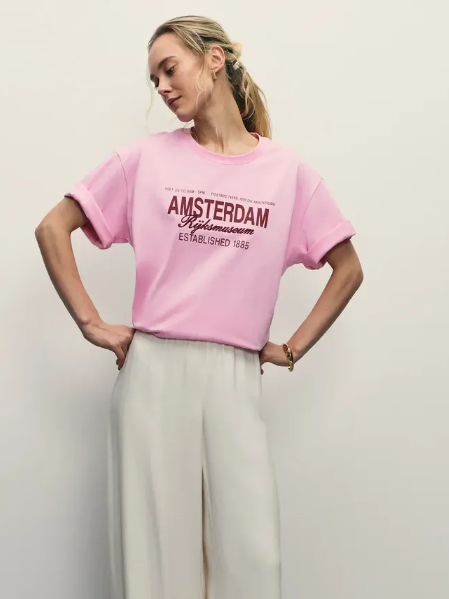 America Fashion Letter Badge Printed T Shirts Pink Pure Cotton Baggy Loose Short Sleeve Tops Summer Temperament Female Frence