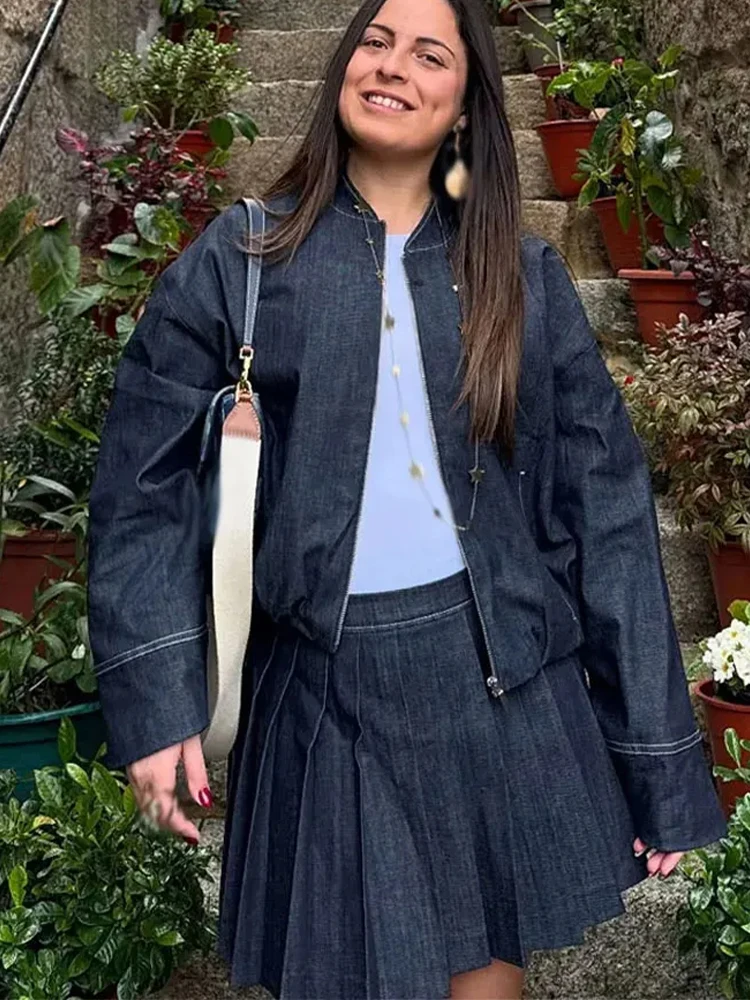 HH 2025 Women's Fashion Denim Jacket Casual Jacket Set Summer High Waist Pleated Mini Skirt 2-Piece Set Women's Streetwear