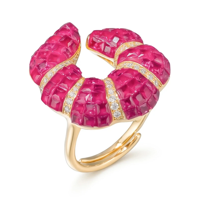 Bellux K Gold Plated Snake Open Adjustable Ring For Women Checkerboard Princess Cut Pink Ruby Cubic Zirconia Vintage Rings