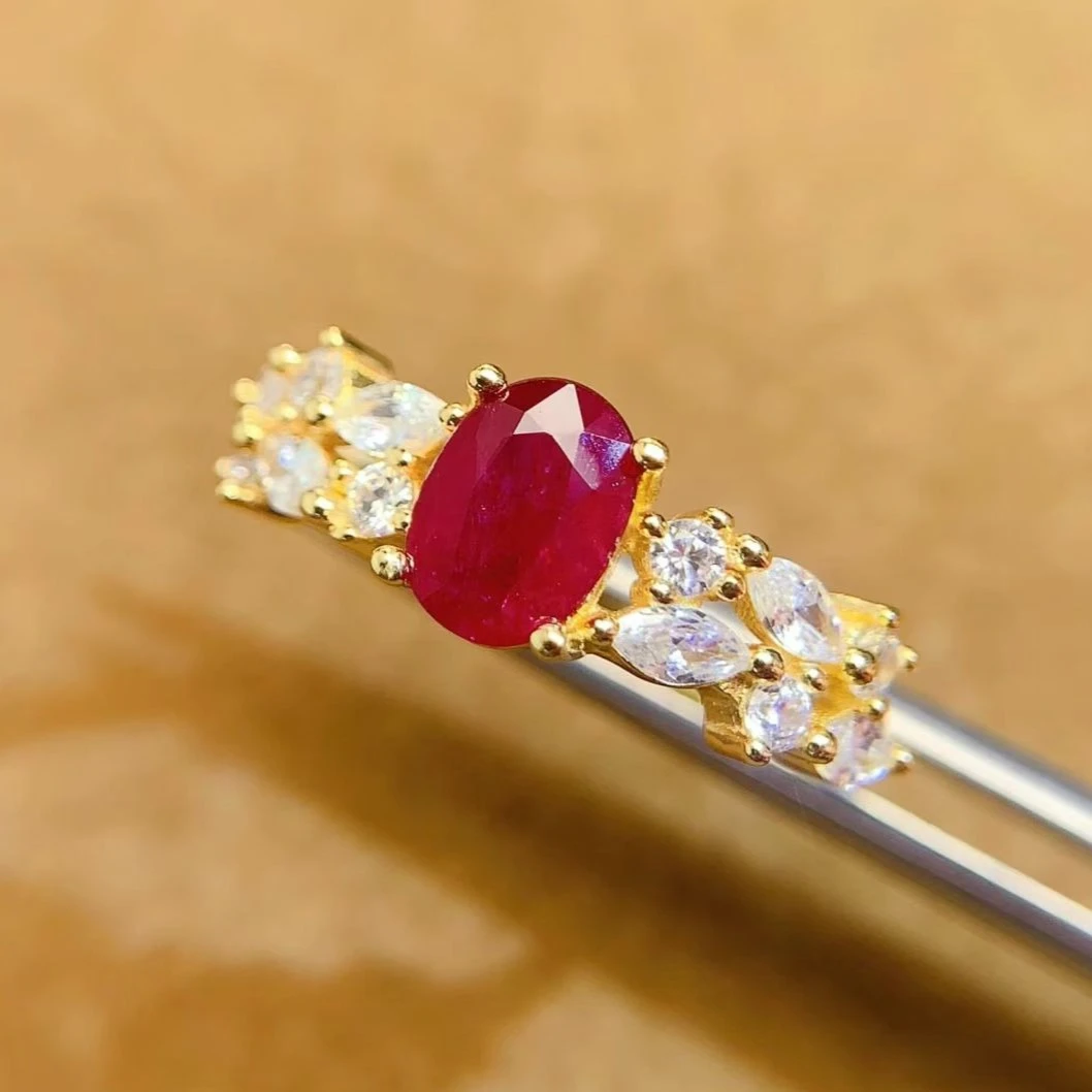 Genuine Ruby Ring with Authentic Certificate 925 Silver Gold Plated Vintage Style Red Stone Engagement Ring Gift for Her