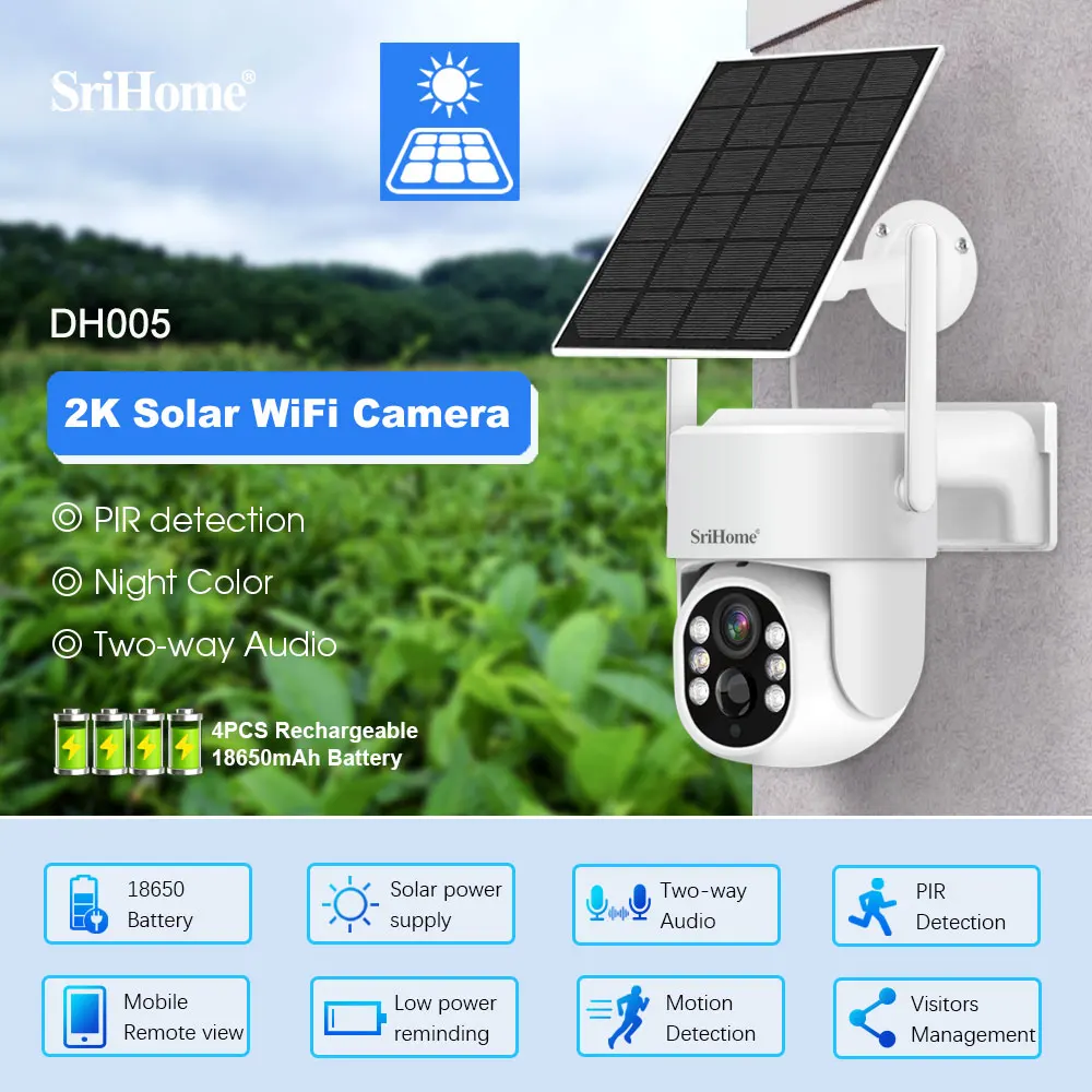 

Srihome DH005 2K UHD Solar Power Low Comsunption Wireless PTZ IP Dome Camera Full Color AI Humanoid Detection CCTV Monitor