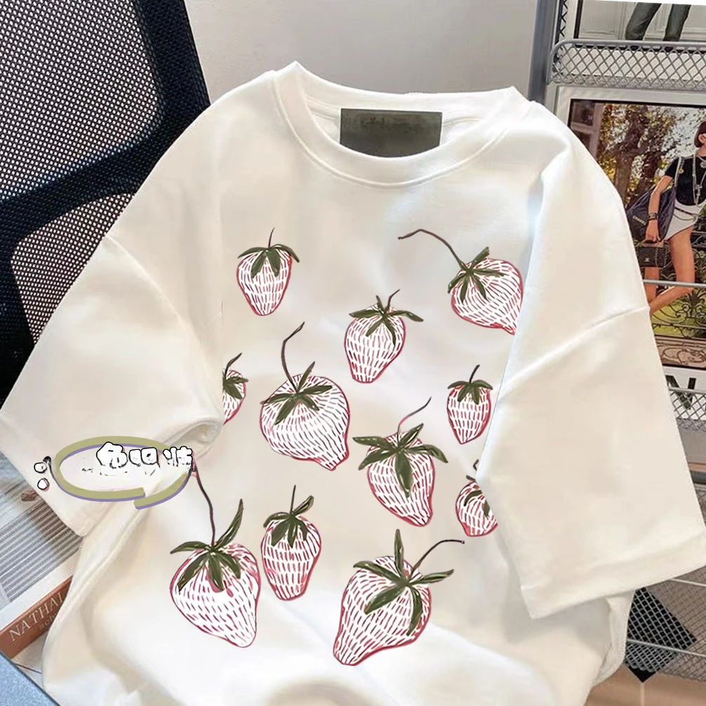 Korejpaa Korean Fashion Women T Shirts 2025 Summer New Strawberry Printed Short Sleeved T-shirt Hong Kong Style Casual Tops