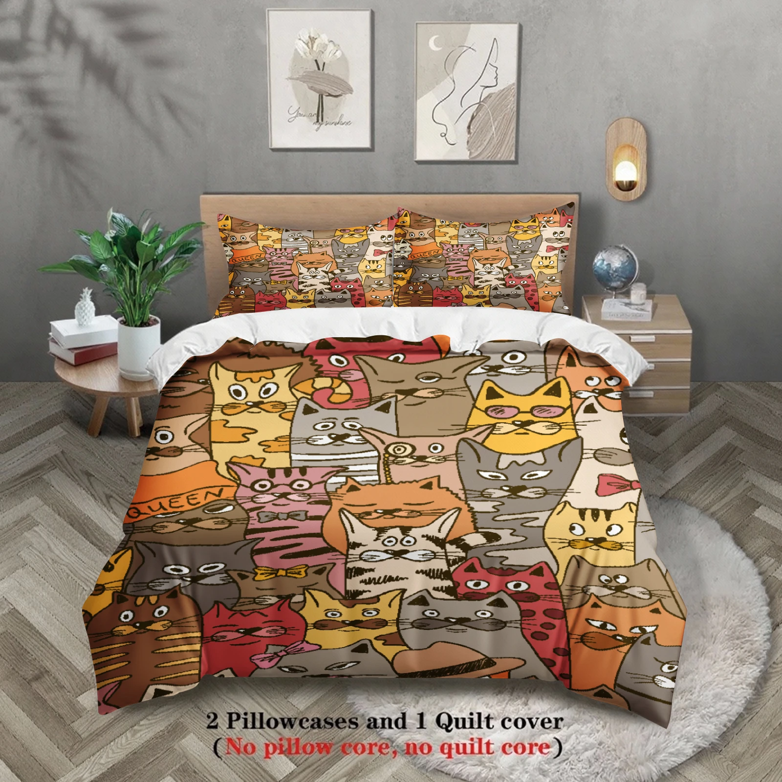 

Комплекты постельного белья с рисунком кошек, 3 шт., комплекты пододеяльников с 3D-принтом красочных кошек и наволочками, без наполнителя