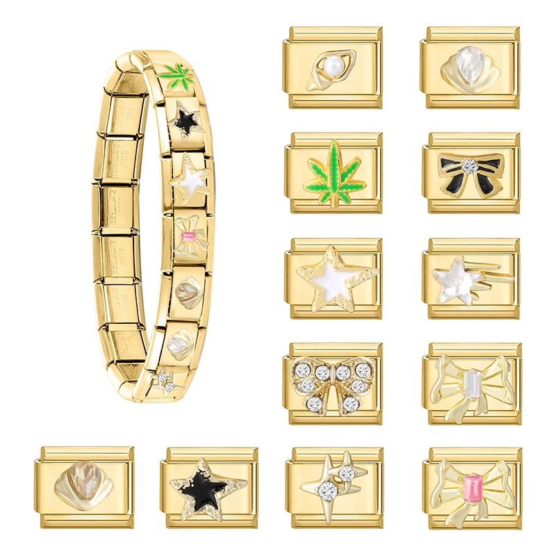 

Leaves Zircon Shell Star Bow Knot Gold Color Italian Charm Links Fit 9mm Bracelet Stainless Steel Men Women DIY Making Gifts