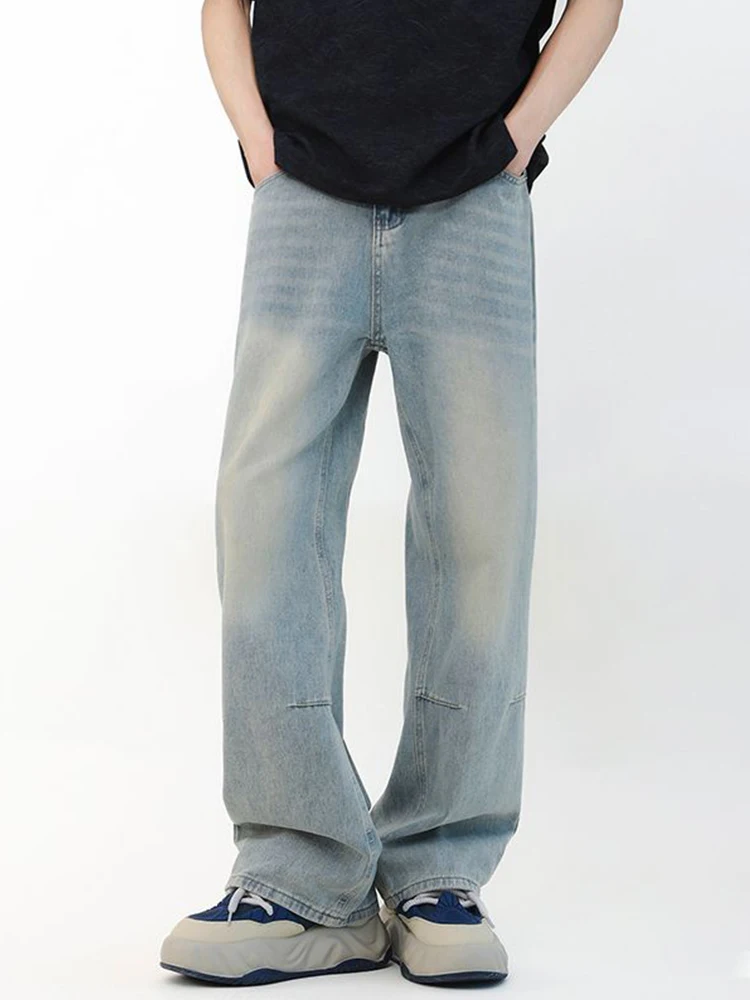 Baggy Korean Jeans Men\'s Personalized Y2k Pants Fashion Straight Casual Vintage Denim Trousers Male Streetwear Blue