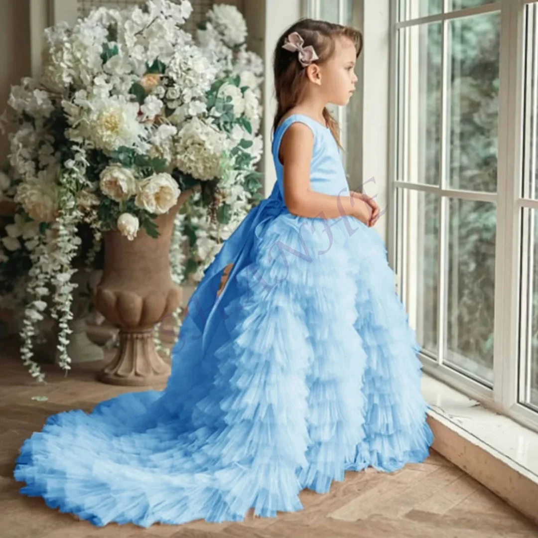 カスタマイズされたエレガントなノースリーブプリーツロングボールフラワーガールドレスボウフロアレングス高級初聖体拝領ドレスカスタマイズされたN