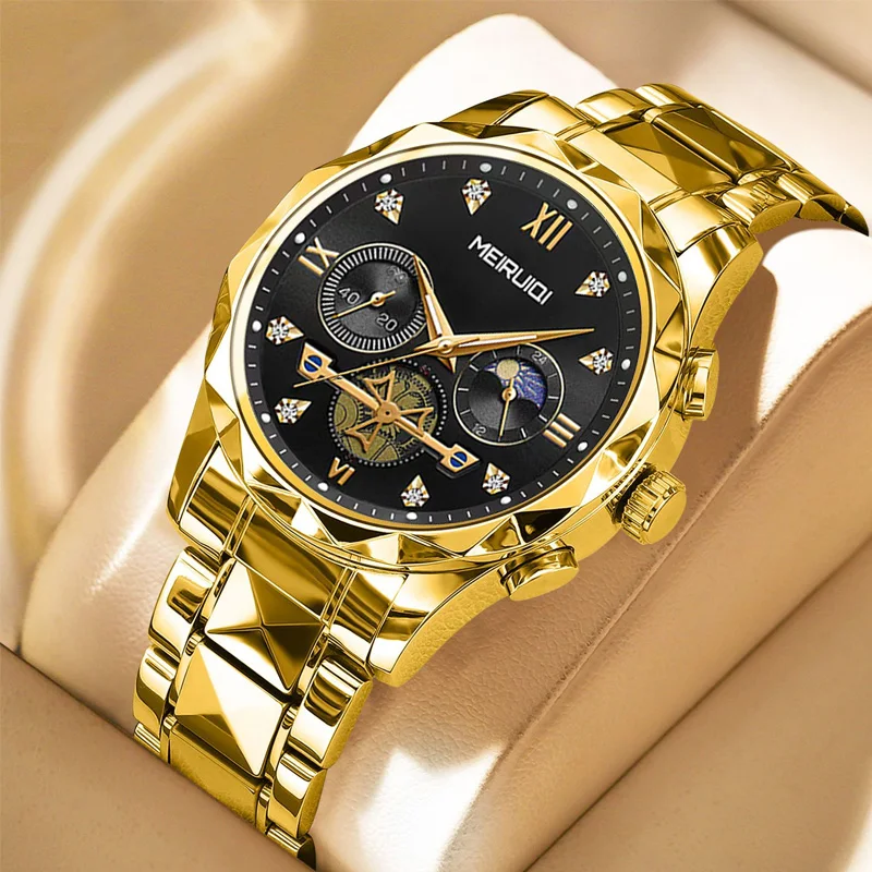 

Мужские желто-черные кварцевые часы премиум-класса в деловом стиле с функциями солнца и луны и тремя циферблатами.