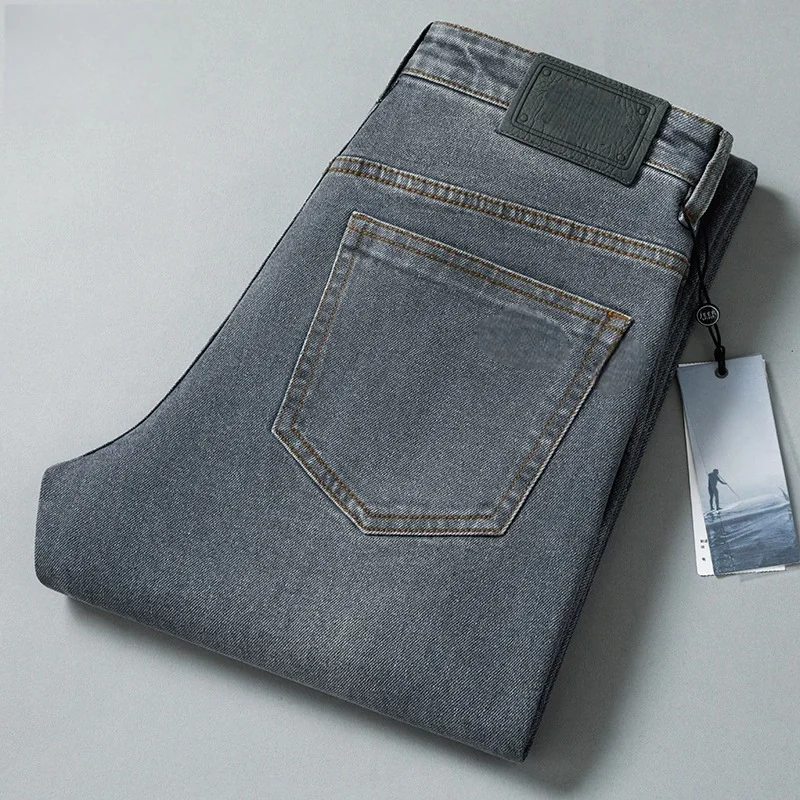 Winter Autumn Straight Denim Mens Jeans Pants Black Gray Yellow Stretch Loose Thicken Casual Jeans For Male Size 40 42 44