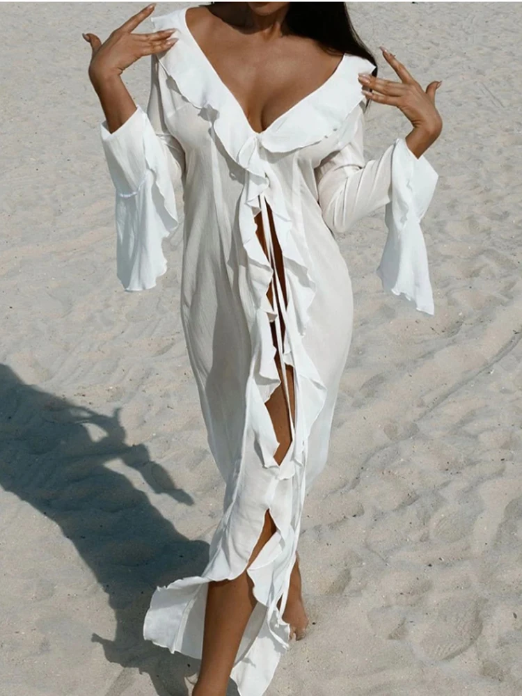 セクシーなピンク白フリルマキシサマードレス女性シースルービーチドレス女性服長袖イブニングパーティードレスvestido