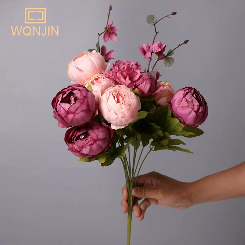WQNJIN Künstliche Blumen aus Pfingstrosen aus Seide mit 13 Köpfen, Vintage-Blumenstrauß, Pfingstrosen, Blumen für Zuhause, Tischdekoration, Hochzeitsdekoration – Detail 10