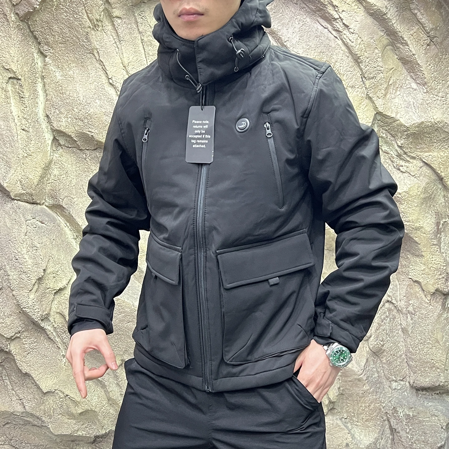 เสื้อแจ็คเก็ตผ้าฝ้ายอุ่นพร้อมฮู้ด ขนาดใหญ่ ให้ความอบอุ่นสำหรับฤดูหนาว เสื้อผ้าลำลองผู้ชาย ทรงพอดีตัว ผลิตจากเส้นใยโพลีเอสเตอร์ แขนยาว