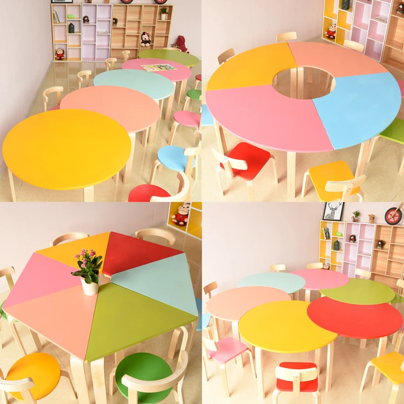 

Customized kindergarten solid wood rectangular semi-circular crescent desk color combination training special