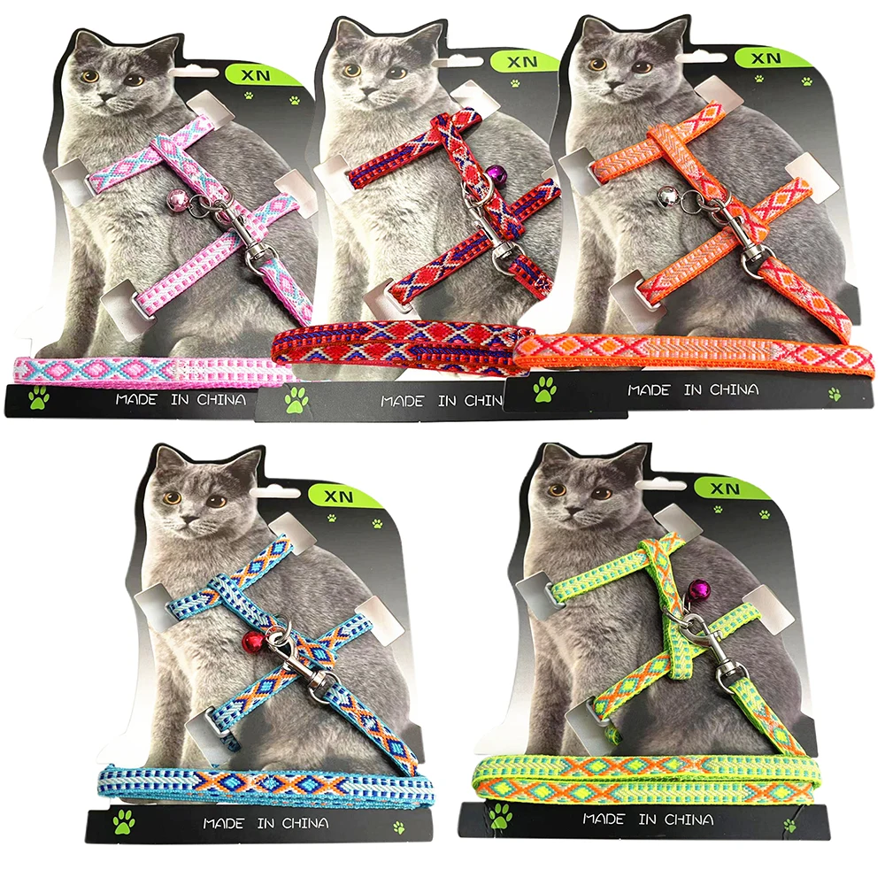 Nylon Cat Harness Leash Set Adjustable Puppy Kitten Harnesses Vest With Bell Pet Walking Lead Rope For Small Dogs Cats Chihuahua