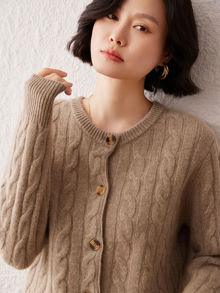 35% Cashmere Women's Twisted Flower Cassic Old Money Style Casual Fashion Thick Cashmere Knitted Cardigan