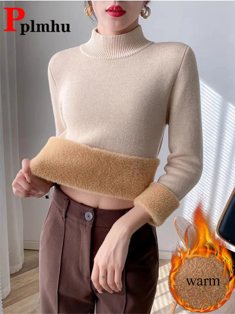 

Women Warm Slim Half Turtleneck Sweater Korean Thicken Plush Fleece Lined Knit Pullover Tops Winter Casual Knitwear Soft Sueter