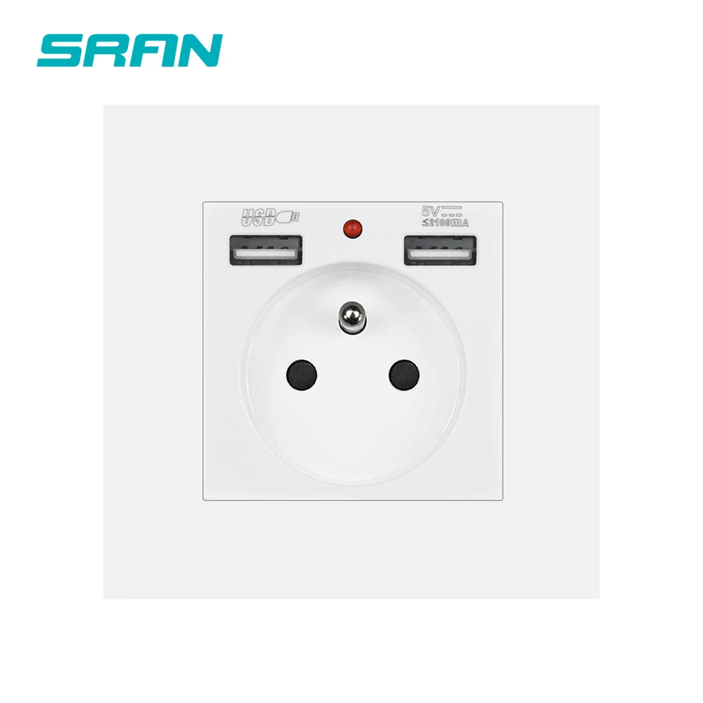 SRAN 16A 220V French Wall Socket with Usb Port 86*86mm Plastic Panel Electrical Outlet France Standard