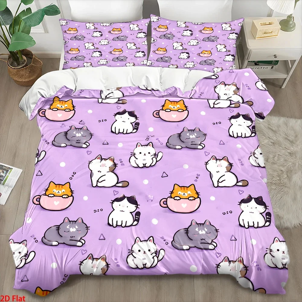 3Pc Cute Cat Print Duvet Cover Set, Three-Piece Bedding Set (1*Duvet Cover + 2*Pillowcases), Skin-Friendly and Breathable Polyester Woven Bedding, Soft and Comfortable for All Seasons, Invisible Zipper, Easy to Clean and Durable, Wrinkle-Resistant, Machine Washable, Cozy Home Bedroom Decoration, Double Bed Bedding for Student Dormitories, Nordic Style Suitable for Master Bedroom and Guest Room, Modern Minimalist Light Luxury Style Bed Cover Set, Large Double Bed Cover Set 2
