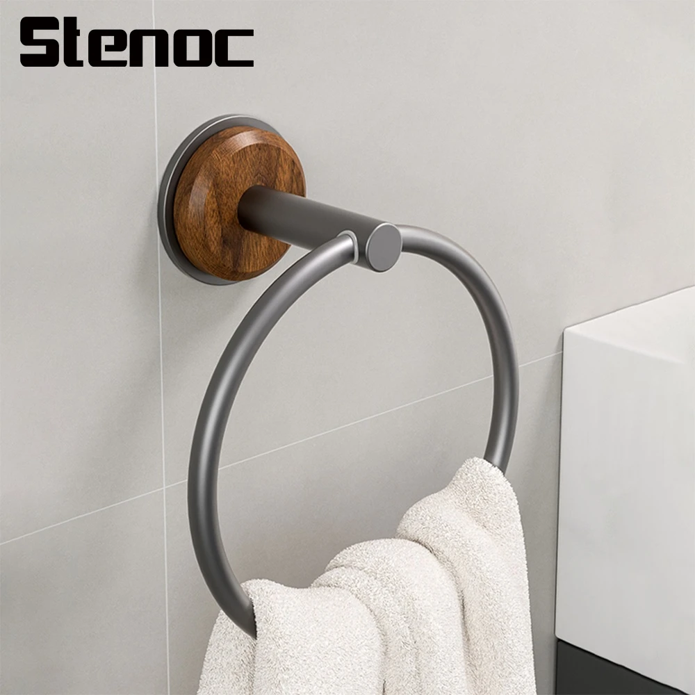 

No Punching Black Bathroom Aluminum Walnut Wood Towel Ring Hand Towel Holder Towel Rack Hanger Wall Mount Bathroom Accessories