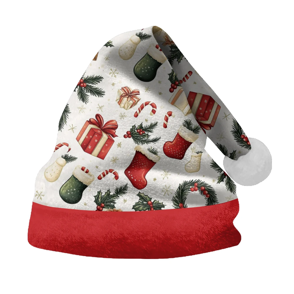 White background and red border Christmas hat with light multi color printing, winter fashion party, party, daily life