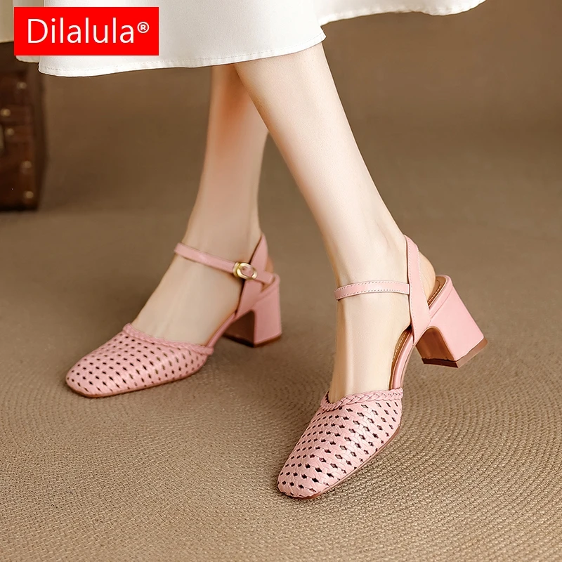 

Dilalula 2026 Elegant Genuine Leather Sandals Women High Thick Heels Hollow Out Sandals Young Lady Party Dating Summer Pink Shoe