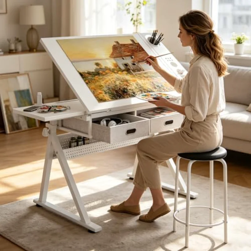 Drafting Table with 2 Storage Drawers & Stool for Adult Teen, All White | 0-75° Lockable Tilt Angle, 26.77